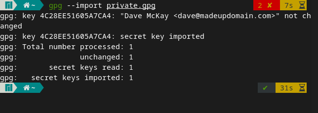 Confirmation of the imported private GPG keys