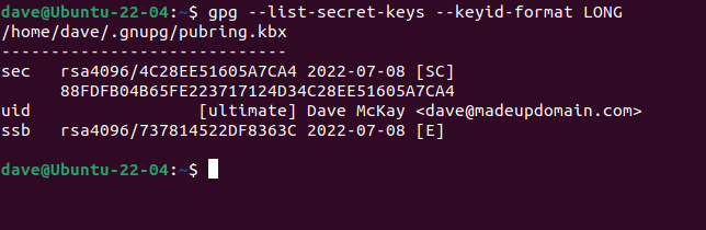 Listing the GPG key details to the terminal window
